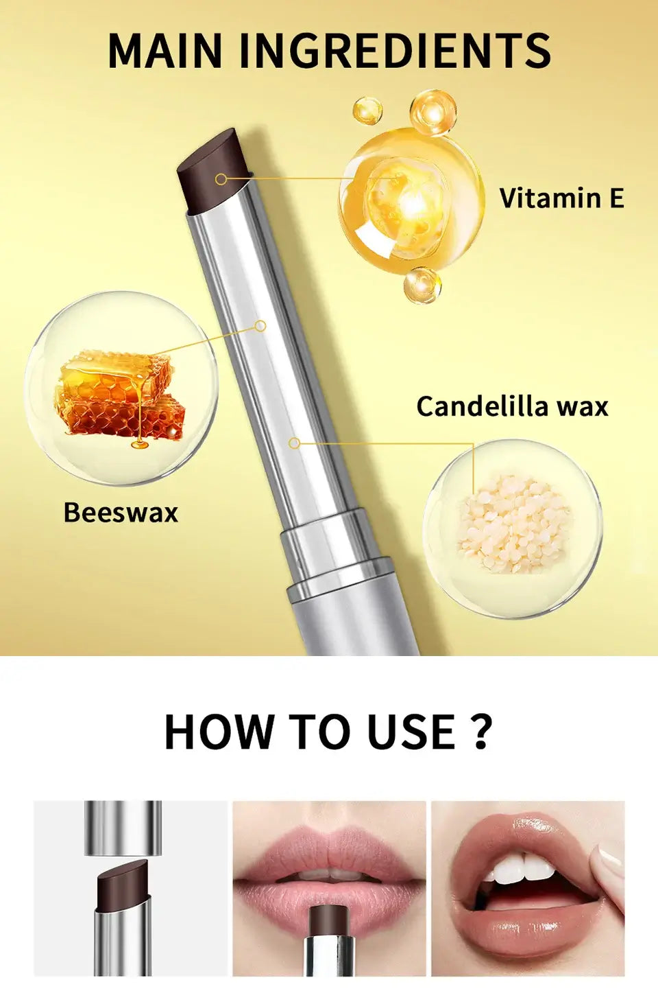 Black honey lipstick showing main ingredients: beeswax, vitamin E, and candelilla wax with usage instructions.