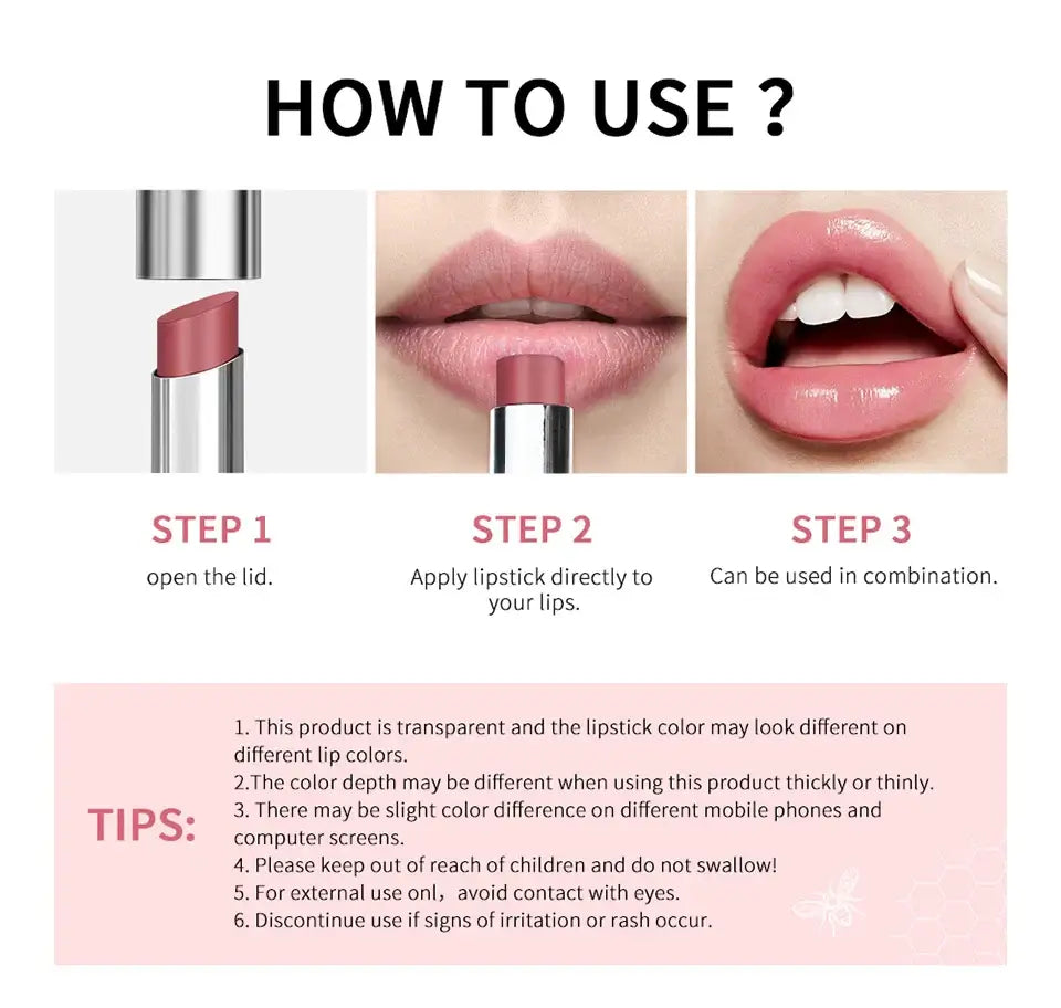 Step-by-step guide on using lipstick: open lid, apply directly to lips, can be used in combination.