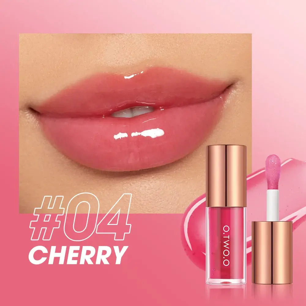 O.TWO.O Lip Plumper Gloss in Cherry shade, showcasing shiny lips and packaging, hydrating and moisturizing benefits.
