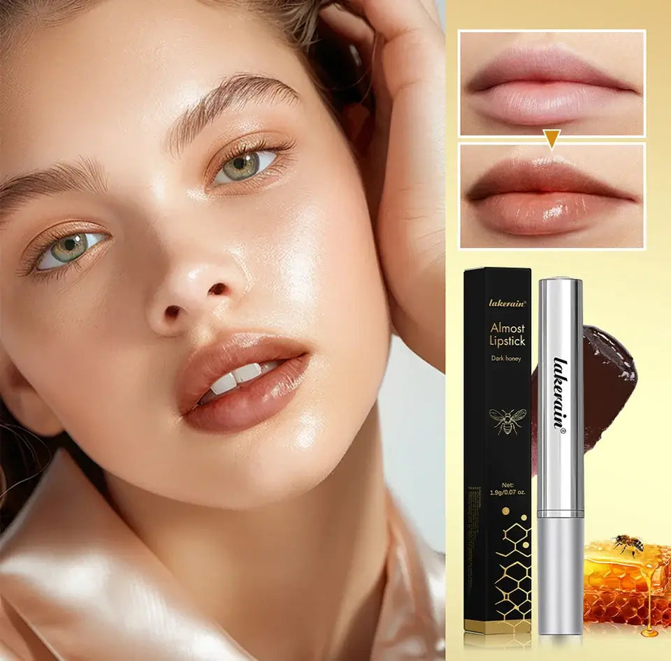 Model showcasing long-lasting black honey lipstick with glossy finish and close-ups of lip color