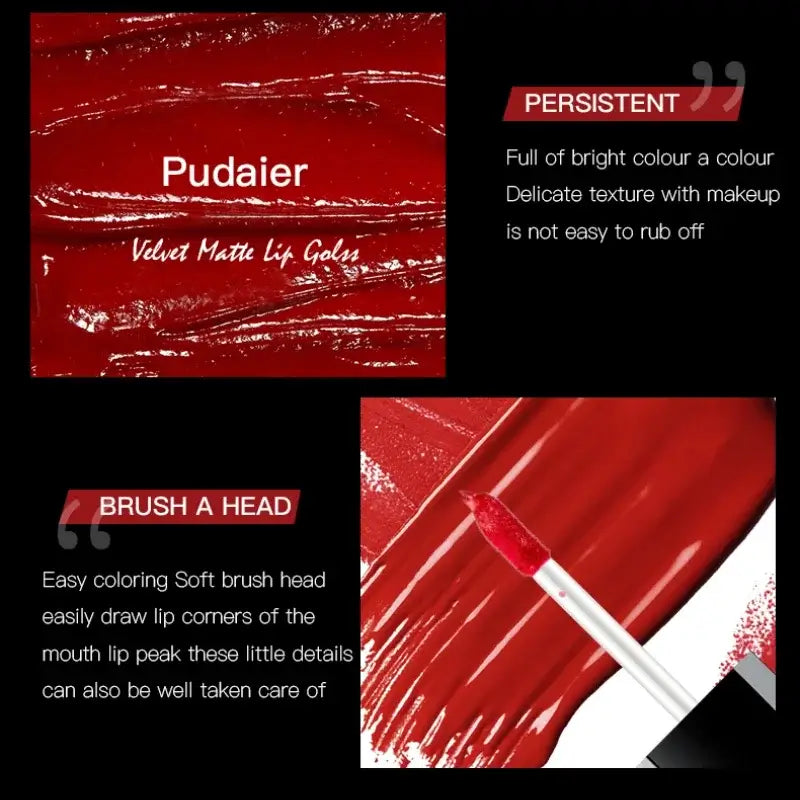 Pudaier Velvet Matte Lip Color showing persistent color and a soft brush head for easy application.