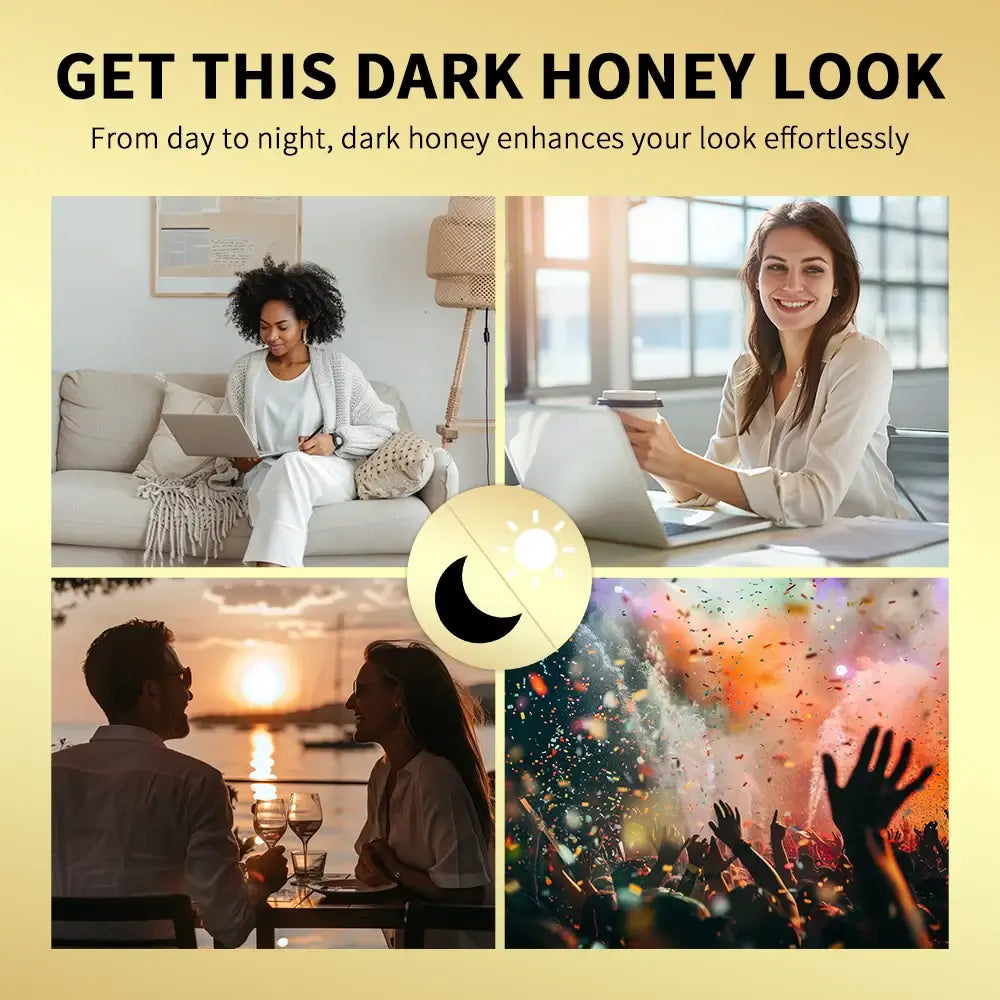 Collage showcasing dark honey lipstick looks for day and night, enhancing beauty effortlessly.