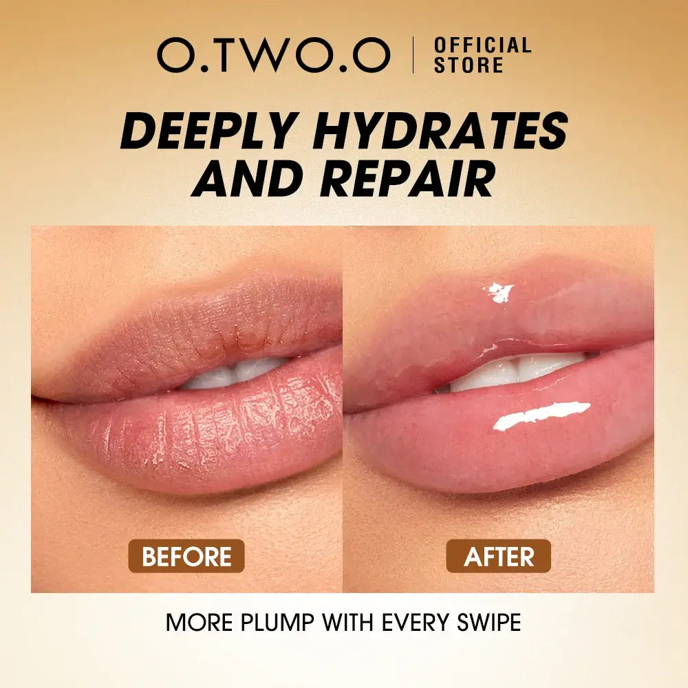 O.TWO.O Lip Plumper Gloss before and after comparison showing deep hydration and lip plumpness.