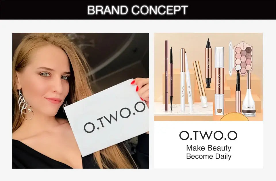 O.TWO.O brand concept image featuring beauty products and a model showcasing the brand's aesthetic.