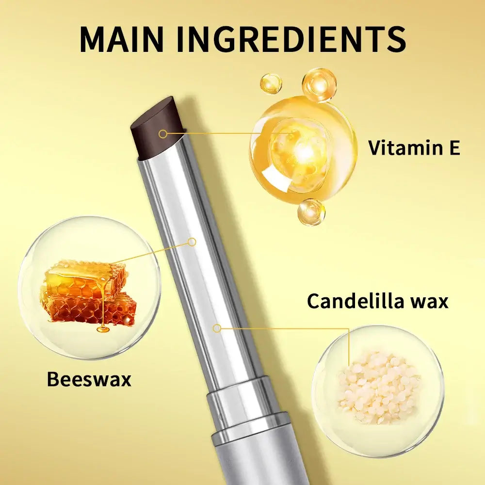 Main ingredients of long lasting black honey lipstick: Beeswax, Vitamin E, and Candelilla wax on a golden background.