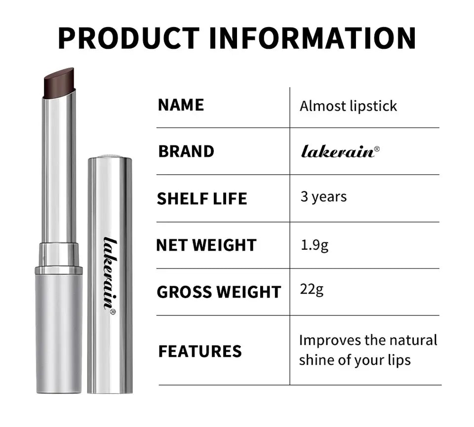 Product information for Lakerain Almost Lipstick: 1.9g, 3-year shelf life, enhances natural lip shine.