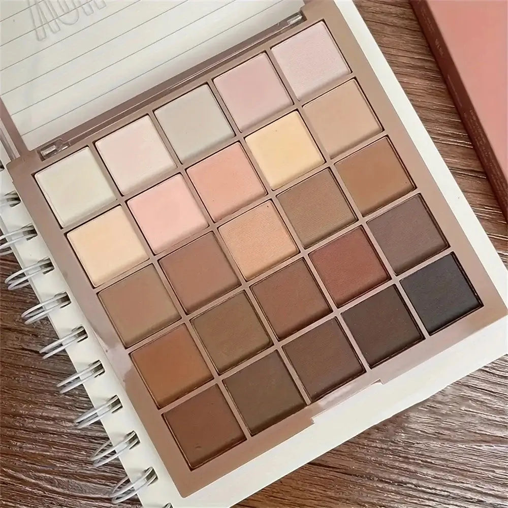 25-color eyeshadow palette featuring neutral gray and brown earthy tones, ideal for versatile makeup looks.