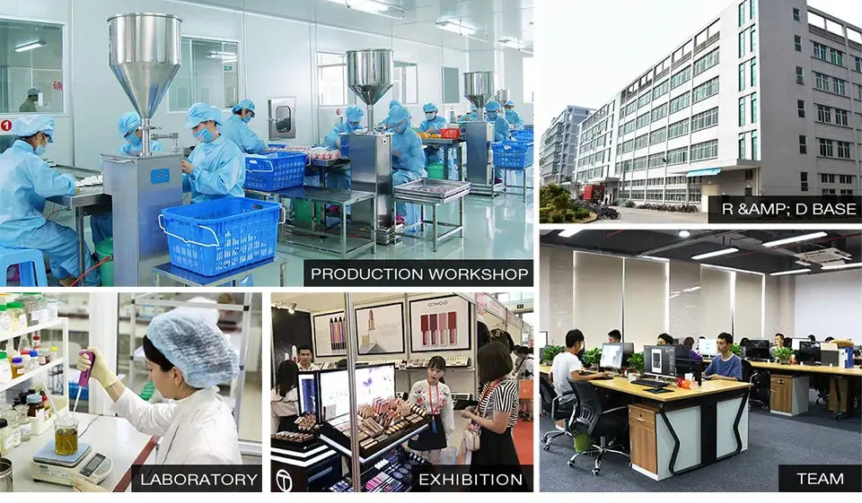 Collage of O.TWO.O facilities: production workshop, laboratory, exhibition area, and team in the R&D base.