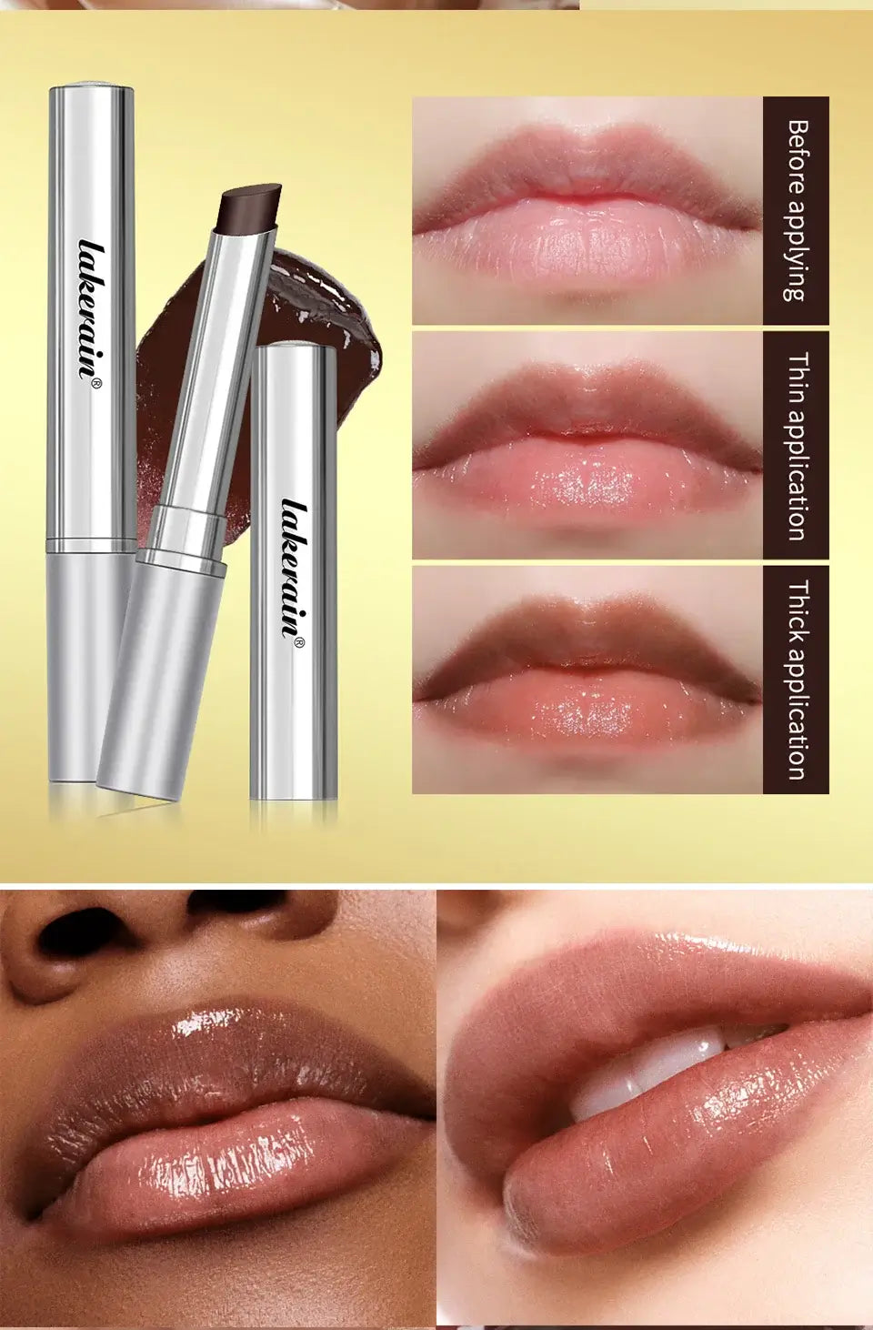 Long lasting black honey lipstick with application styles showcasing thin and thick looks on lips.