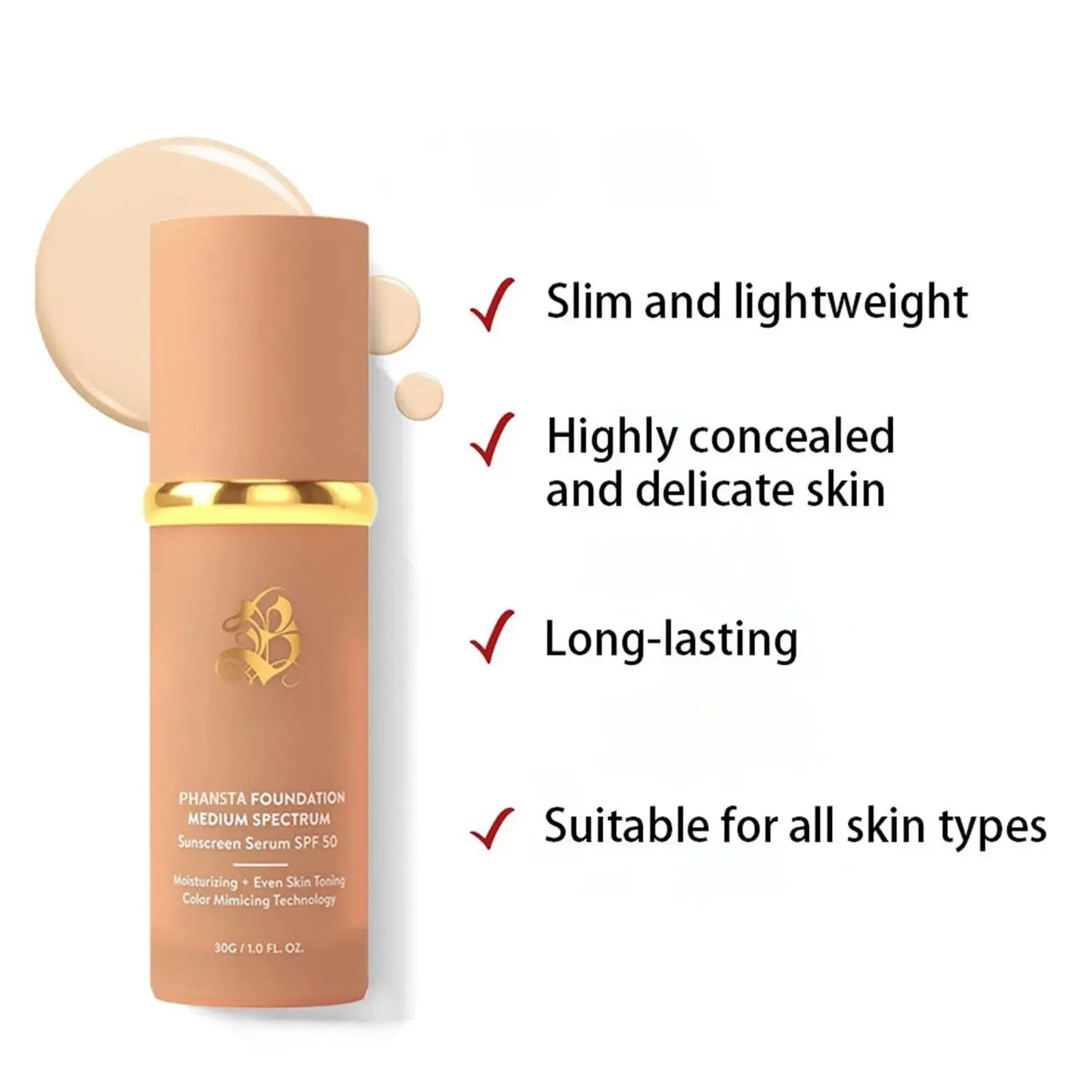 2024 Hot Foundation 4 In 1 Light Spectrum SPF50+ bottle with features for long-lasting use and suitability for all skin types.