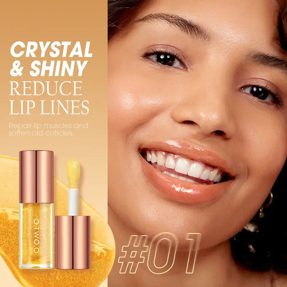 O.TWO.O Lip Plumper Gloss in a crystal and shiny tube, promoting hydration and reducing lip lines.