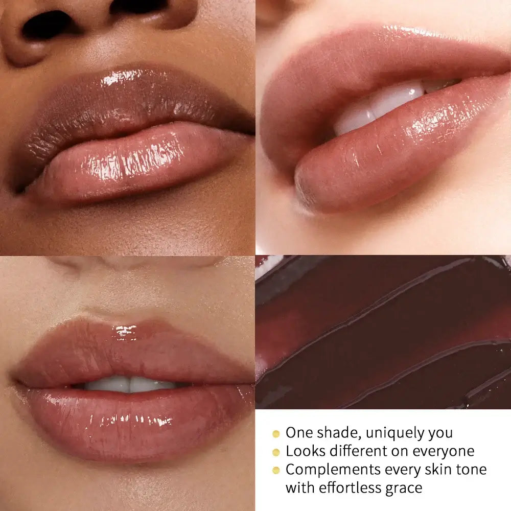 Four close-up images of lips showcasing a versatile black honey lipstick, enhancing all skin tones with a unique shade.