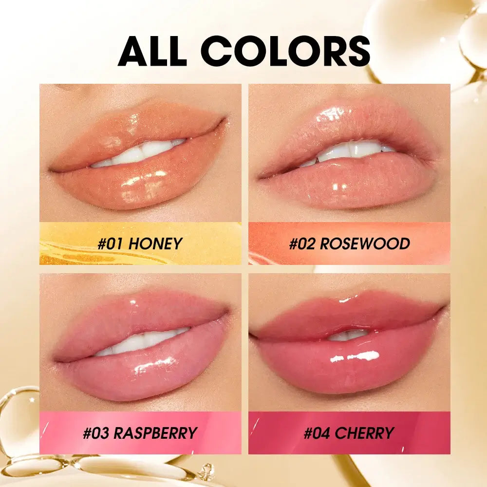 O.TWO.O Lip Plumper Gloss shades: Honey, Rosewood, Raspberry, and Cherry displayed on lips.
