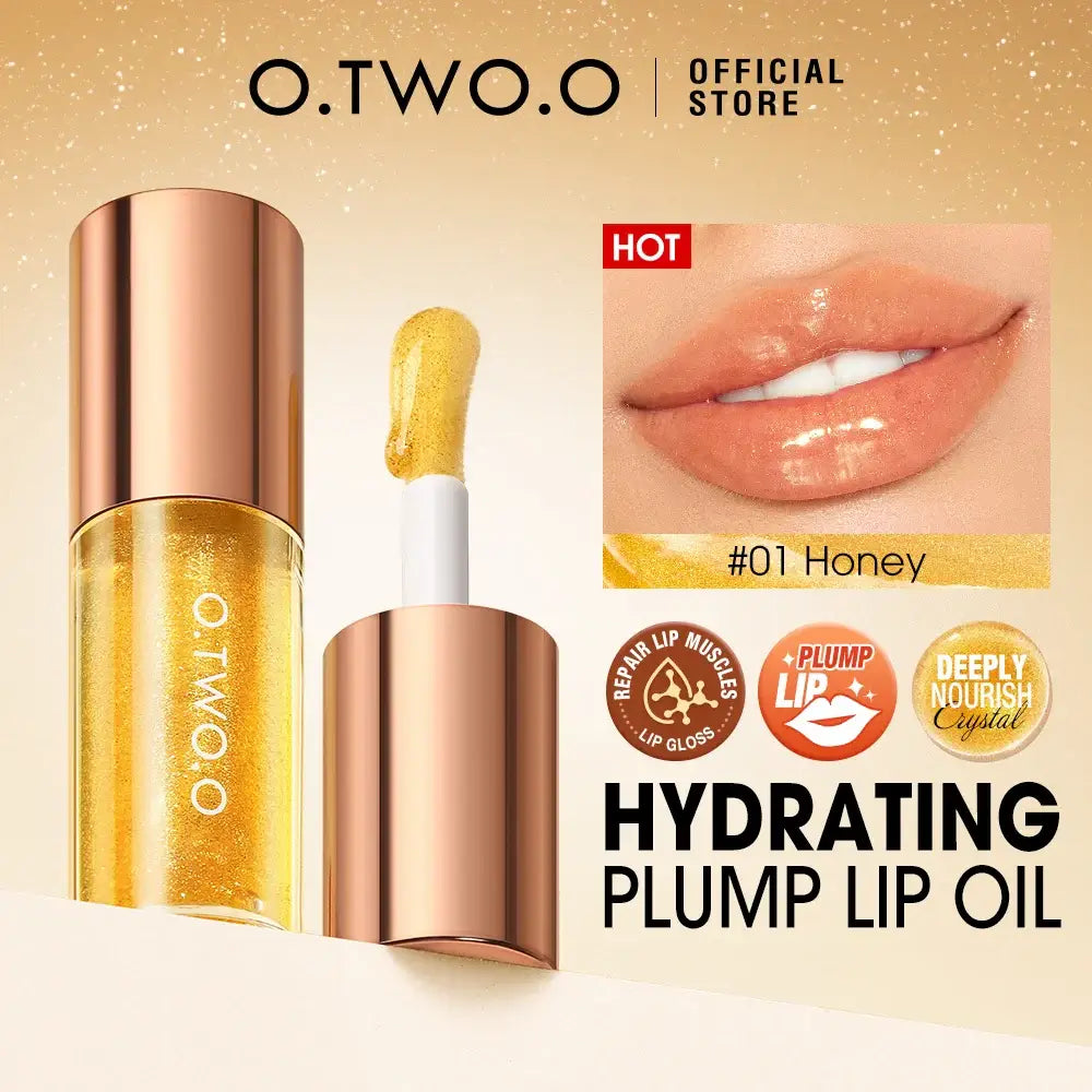 O.TWO.O Hydrating Plump Lip Oil in #01 Honey, enhances lips with moisture and nourishment.