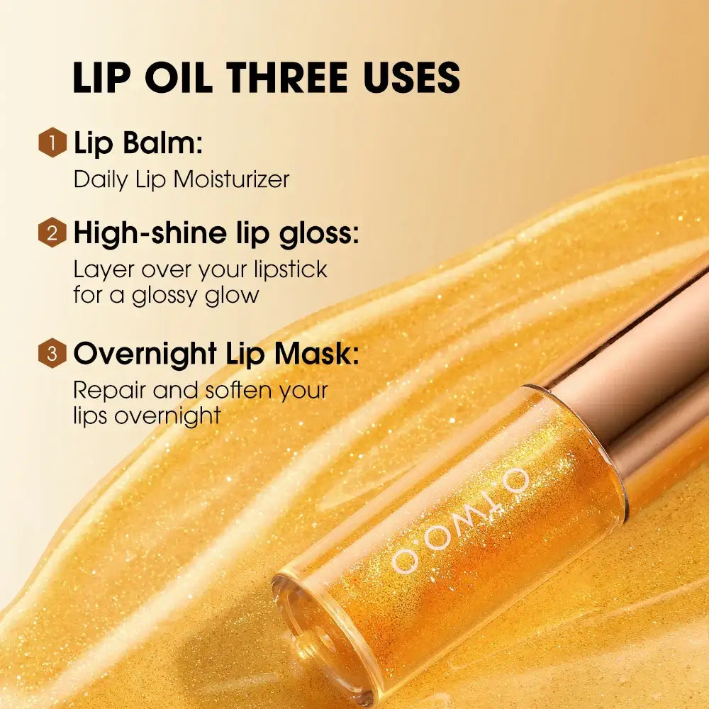 O.TWO.O Lip Plumper Gloss showcasing three uses: lip balm, lip gloss, and overnight lip mask for hydration.
