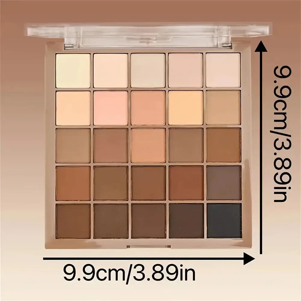 25 color eyeshadow palette featuring neutral gray and brown earthy tones, dimensions 9.9cm x 9.9cm.