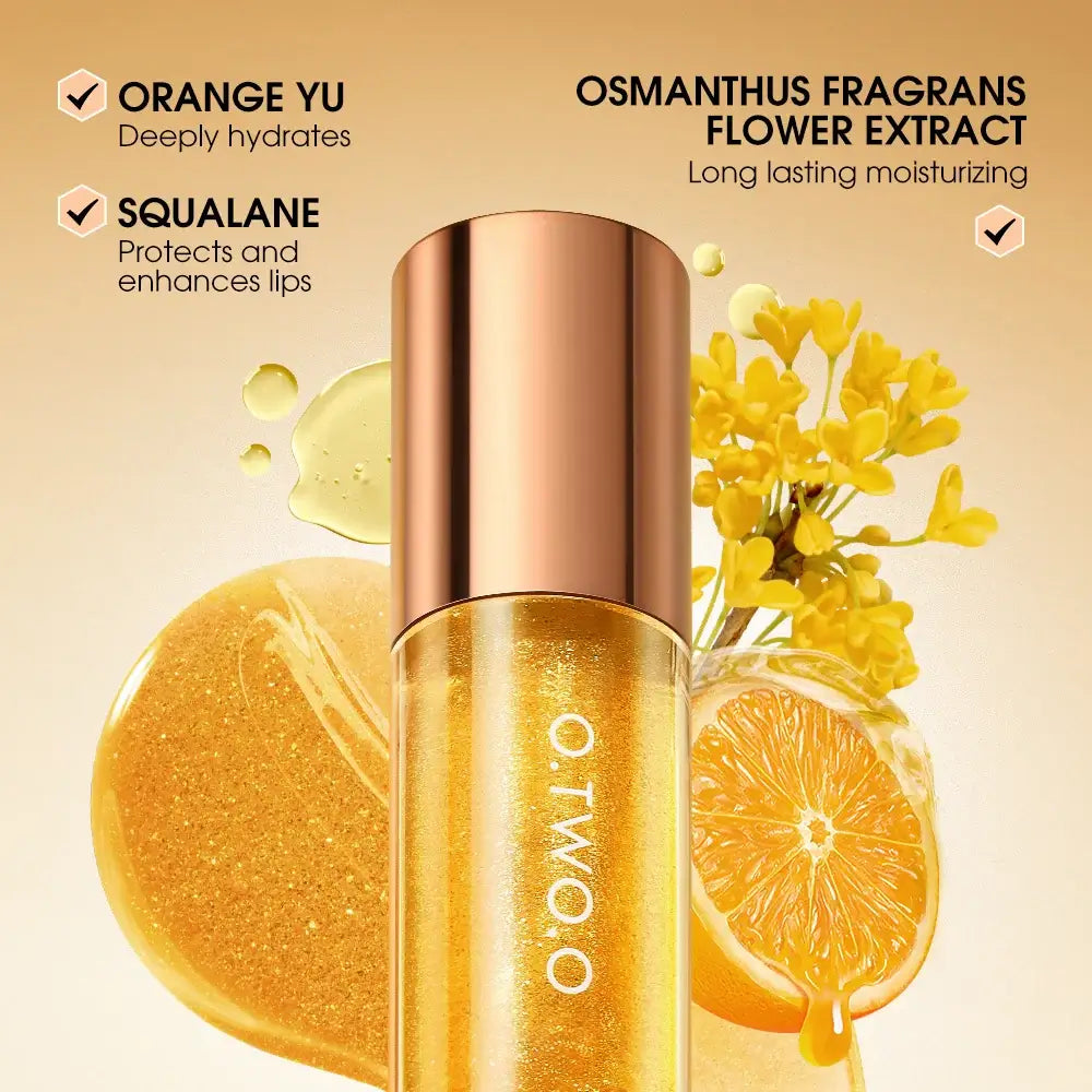 O.TWO.O Lip Plumper Gloss with orange yu and squalane for hydration and moisture, featuring osmanthus floral extract.