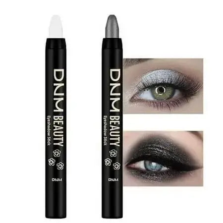 DNM Beauty eyeliner sticks in white and gray, showcasing eye makeup looks with vibrant colors.