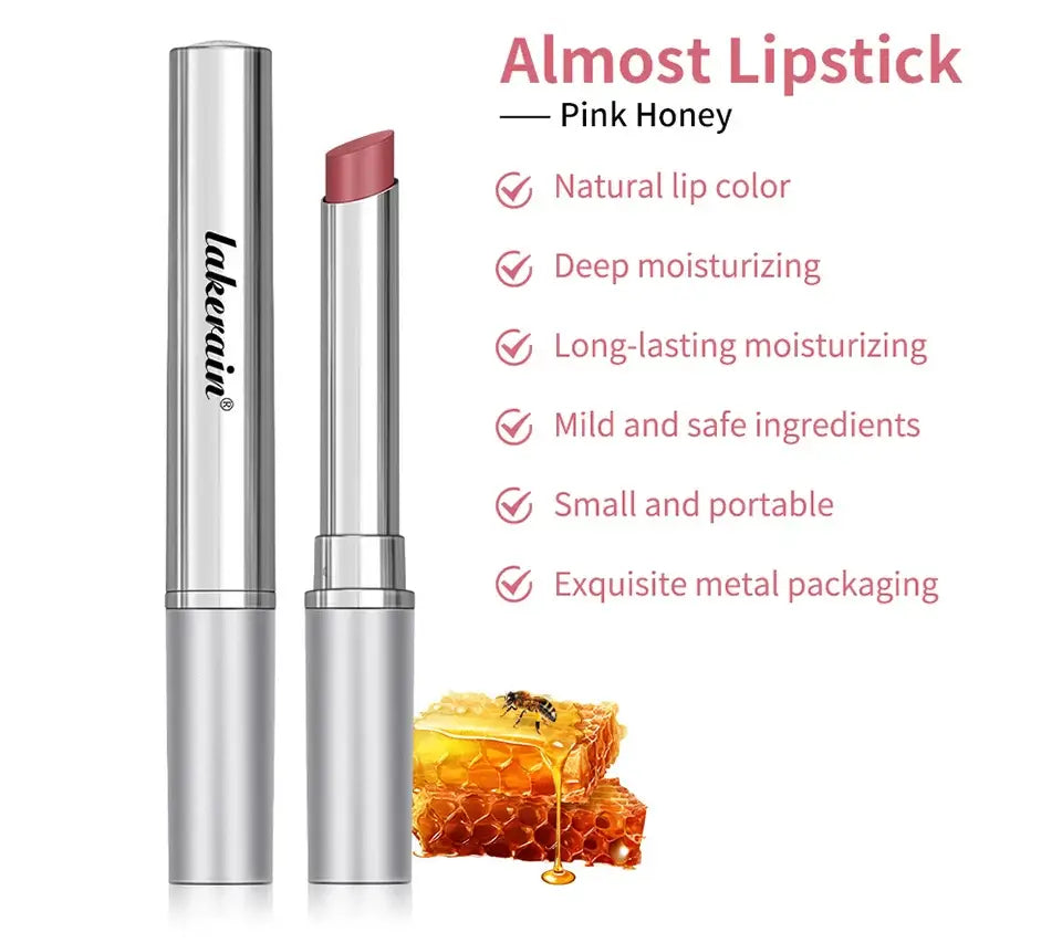 Almost Lipstick in Pink Honey, showcasing deep moisturizing, natural color, and exquisite metal packaging.