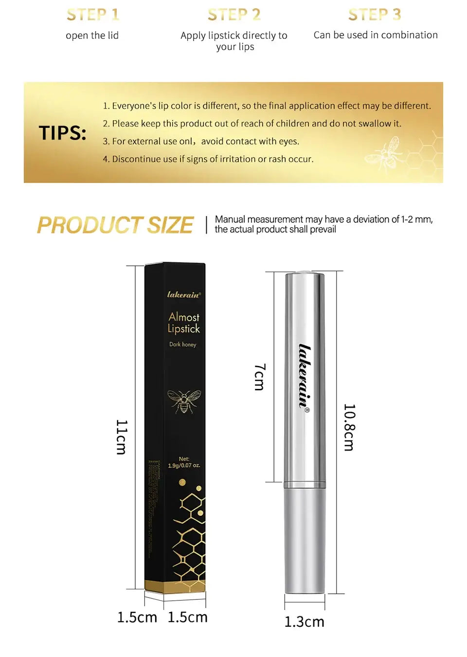 Instructions for using long-lasting black honey lipstick with product dimensions and tips for application.