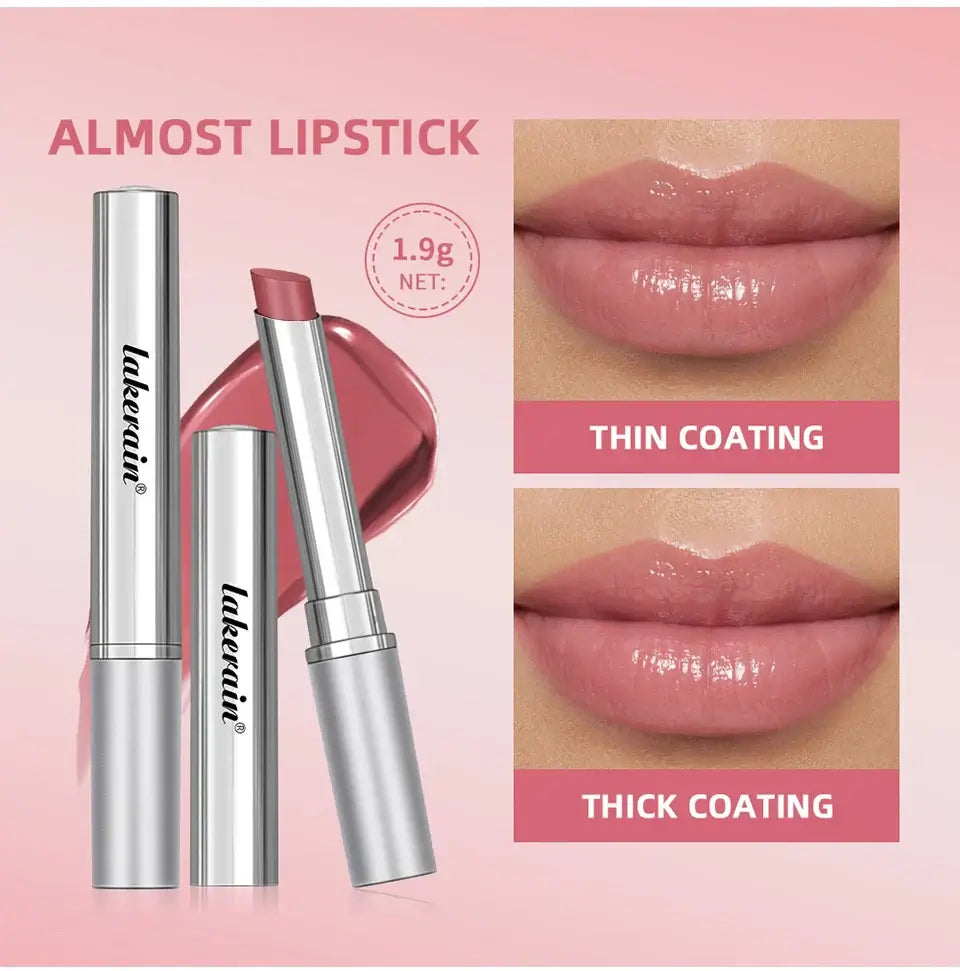 Almost Lipstick by Lakeatin displaying thin and thick coating on lips in a beauty product overview.