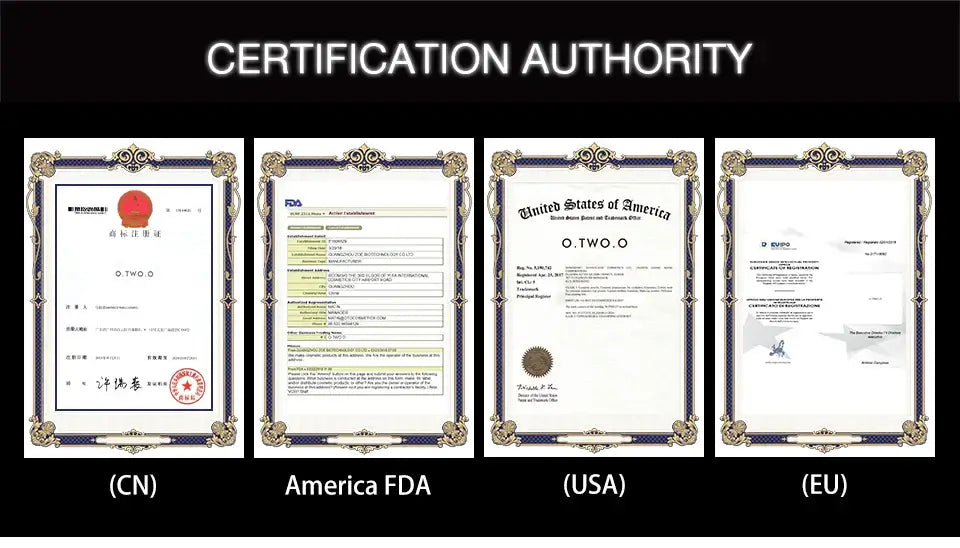 Certification documents for O.TWO.O Lip Plumper Gloss from CN, USA FDA, and EU authorities.