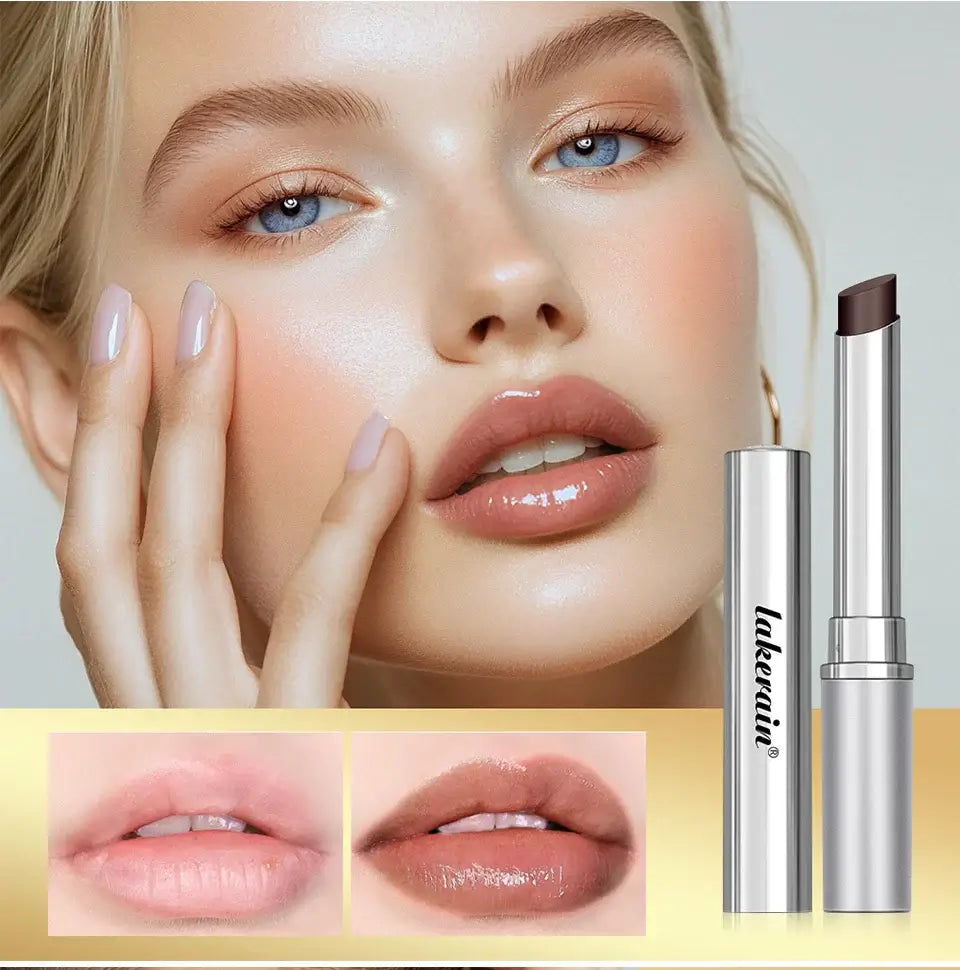 Model showcasing long lasting black honey lipstick with glossy finish and swatches of different shades.