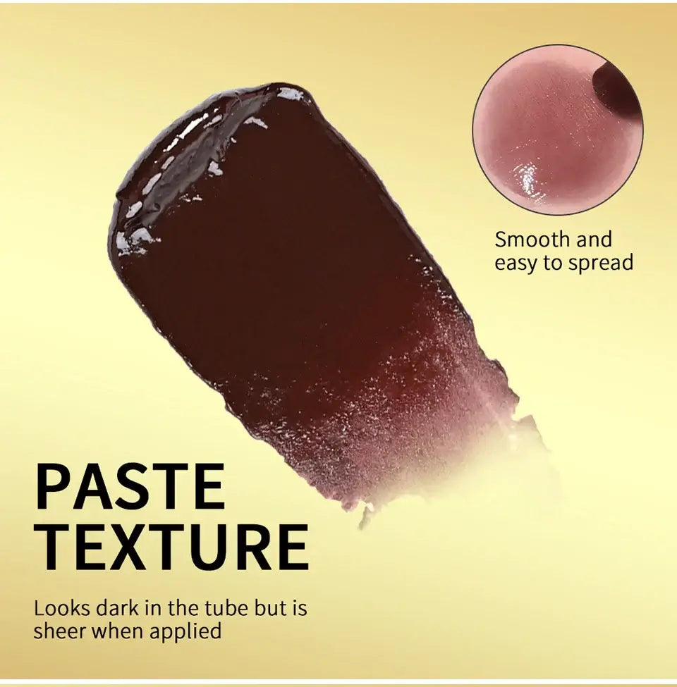 Close-up of long lasting black honey lipstick showing paste texture, dark in tube but sheer when applied.