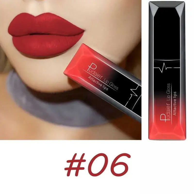 Long lasting matte lipgloss in shade #06 displayed on full lips for an attractive look.