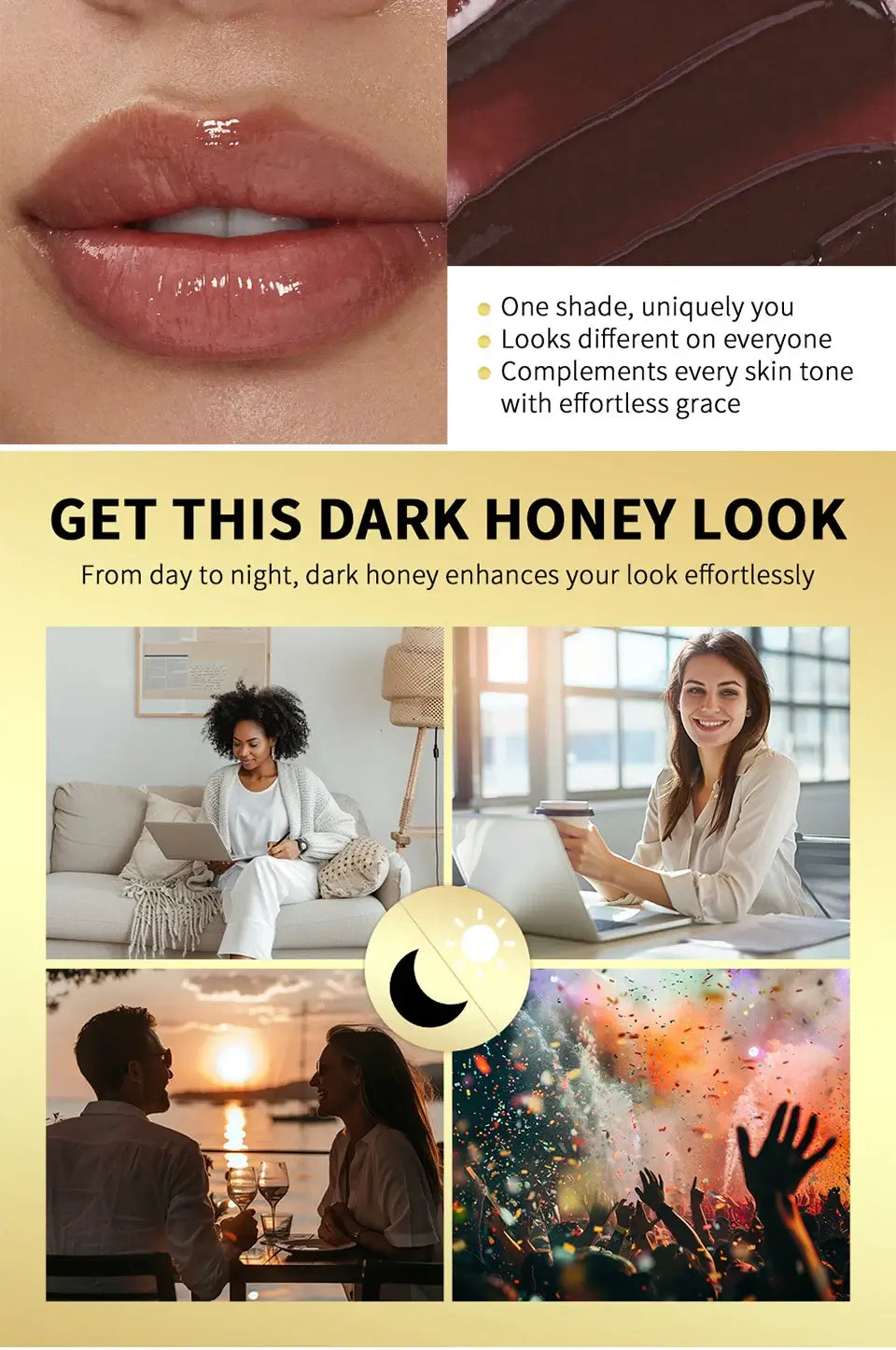 Collage showcasing long lasting black honey lipstick look, enhancing beauty from day to night, suitable for all skin tones.
