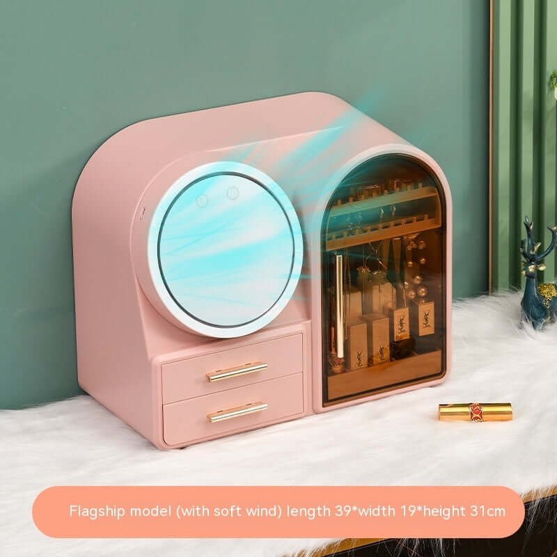 Pink lipstick storage rack with LED mirror and soft wind fan, features drawers and space for cosmetics.