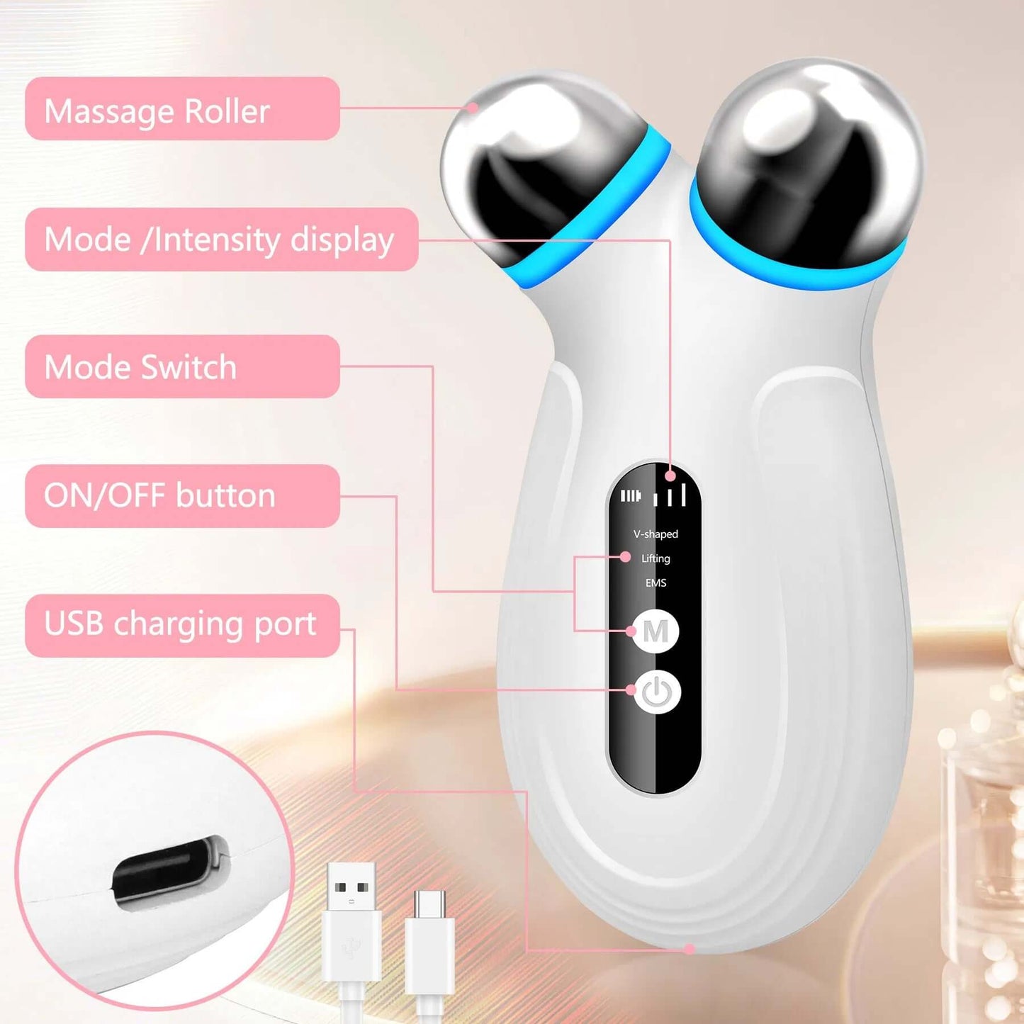 Microcurrent facial device features massage roller, mode display, USB charging port, and ON/OFF button for anti-aging treatments.