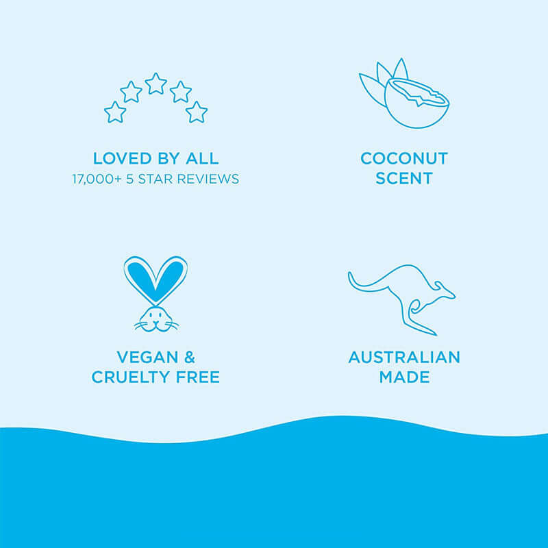 Icons highlighting product features: 5-star reviews, coconut scent, vegan & cruelty-free, and Australian made.