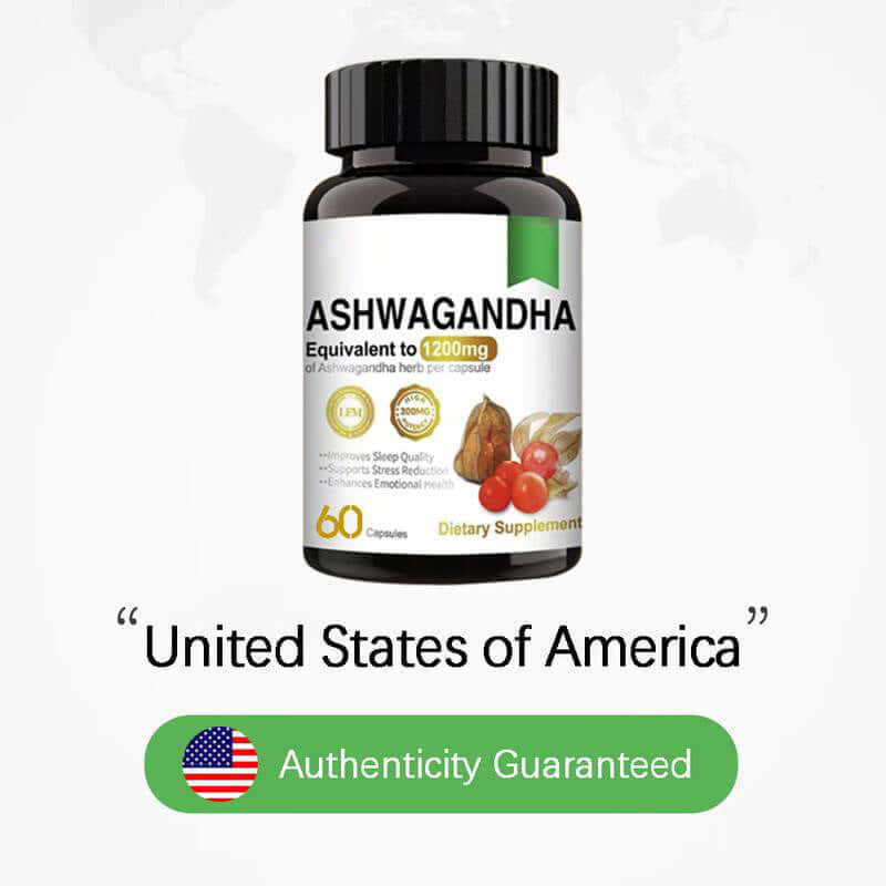 Bottle of Ashwagandha supplements, 60 capsules, dietary supplement for stress relief and improved sleep quality.