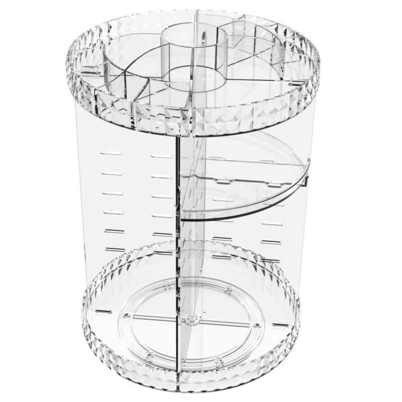 Clear rotating cosmetics storage rack with multiple compartments and diamond pattern design.