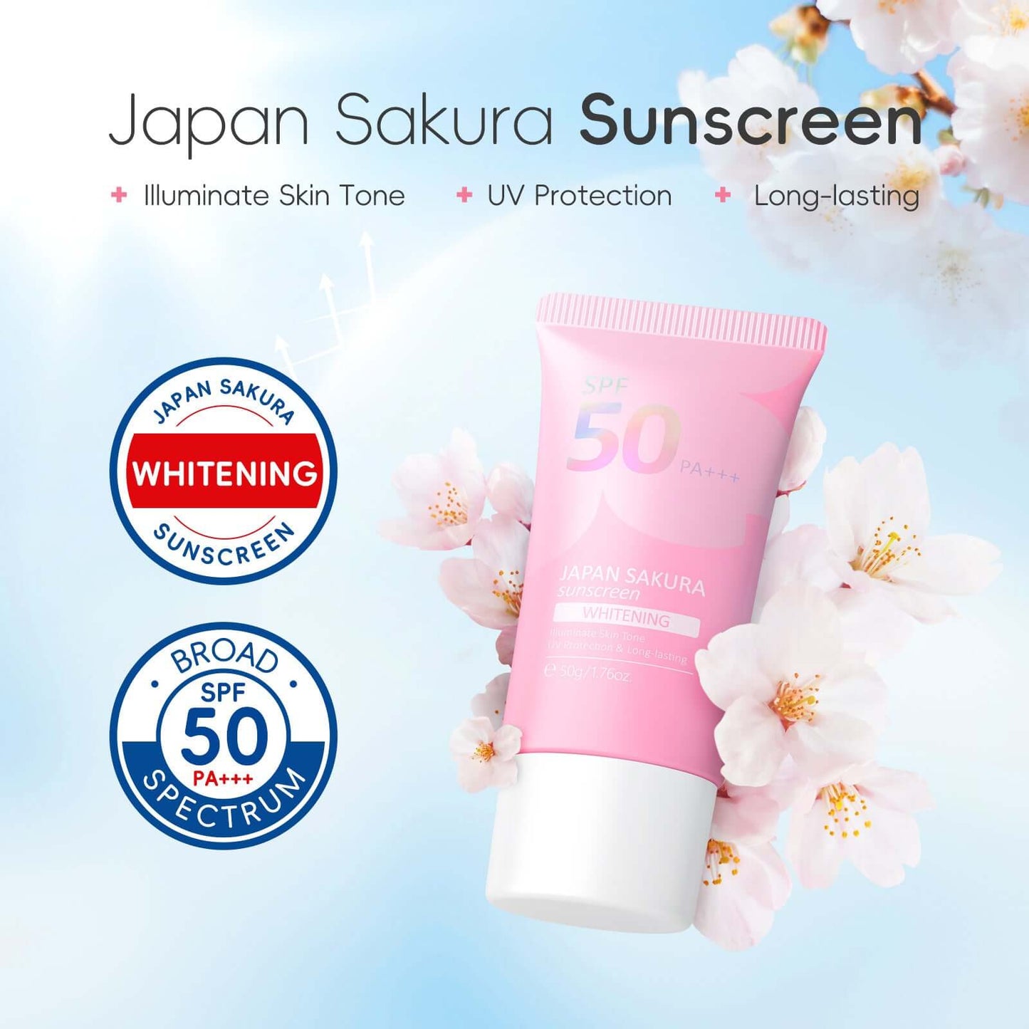 Japan Sakura sunscreen with SPF 50, designed to illuminate skin tone and provide UV protection, surrounded by cherry blossoms.