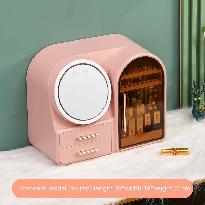 Stylish pink lipstick storage rack with LED mirror and storage for cosmetics, compact design for organized makeup.