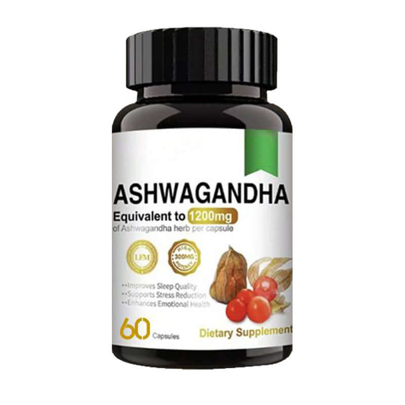 Ashwagandha dietary supplement bottle with 60 capsules, promoting stress reduction and improved sleep quality.