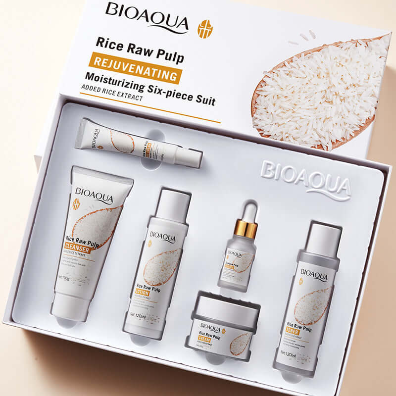 BIOAQUA Rice Raw Pulp rejuvenating six-piece skincare set with cleanser, essence, eye cream, and more.