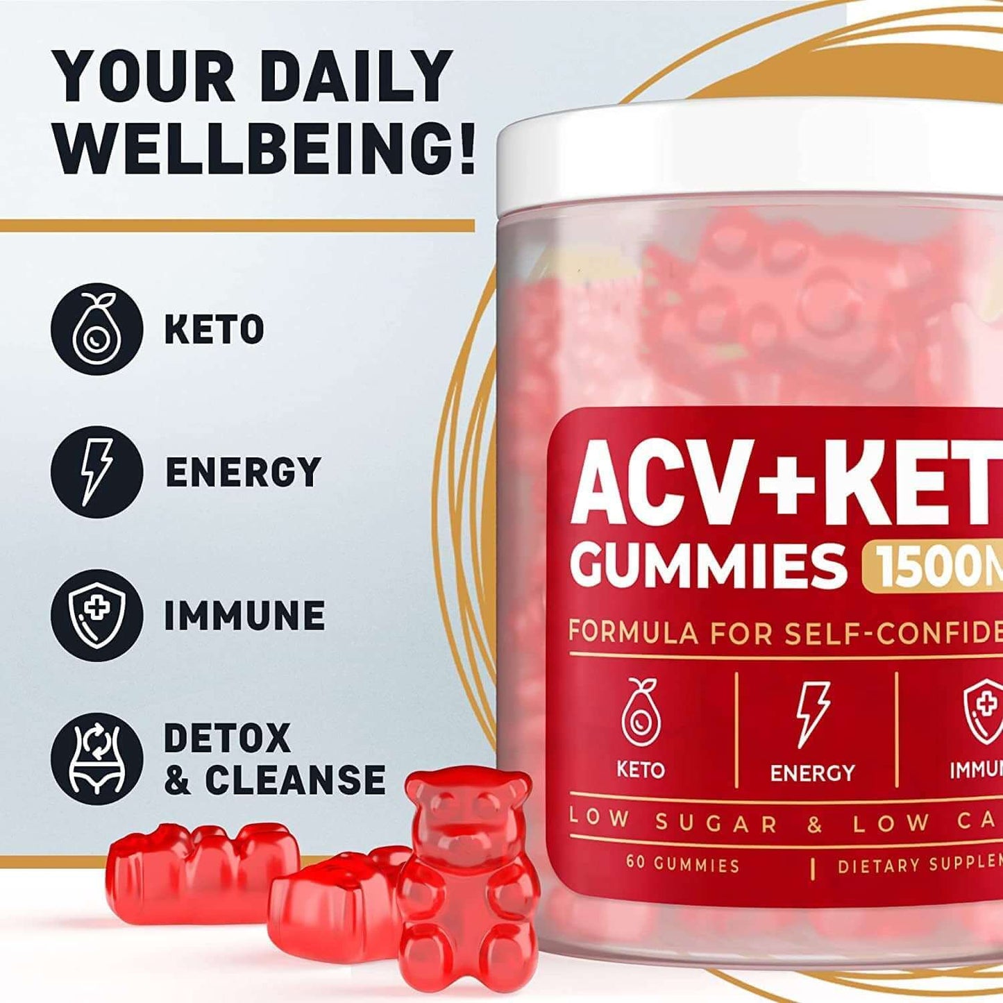 ACV and Keto gummies for daily wellbeing, promoting energy, immune support, detox, and cleanse with low sugar.