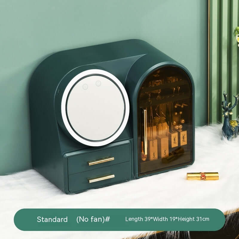 Elegant dark green lipstick storage rack with a circular mirror and two drawers for cosmetics organization.