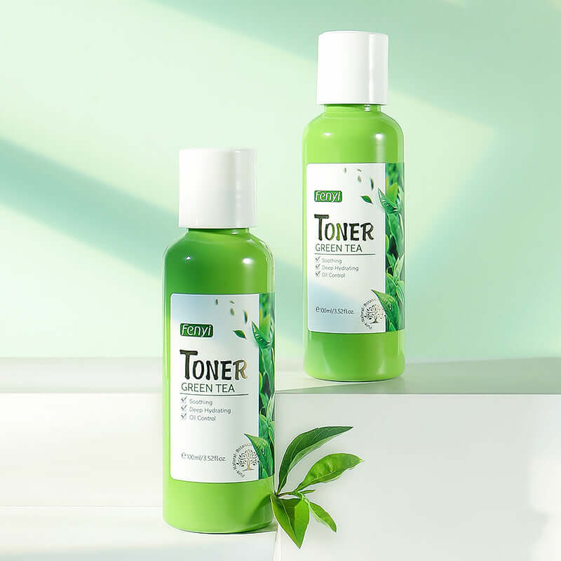 Two bottles of green tea toner with moisturizing properties, perfect for general skin care, on a light background.