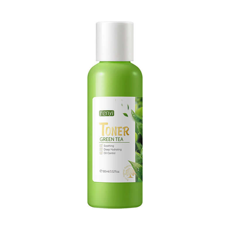 Green Tea Toner 100ml moisturizing lotion for skin care, soothing and hydrating formula in a green bottle.