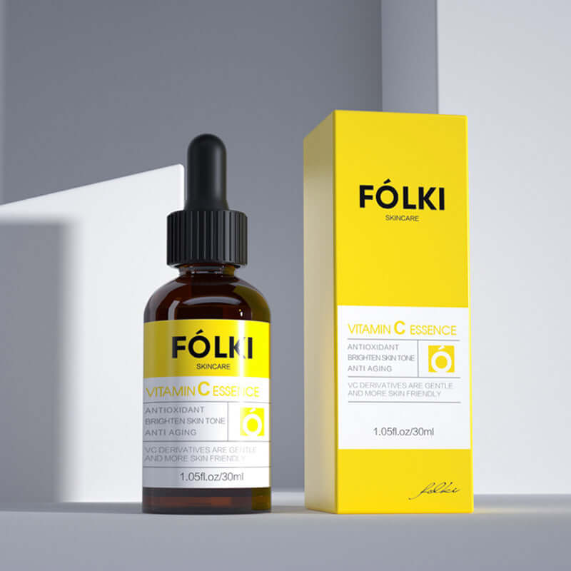Fölki Vitamin C essence facial care solution bottle and packaging, 30ml, featuring antioxidant properties for anti-aging.