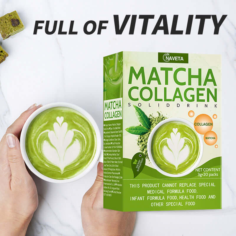 Matcha Collagen Powder in box with vibrant green drink, showcasing health benefits and vitality.