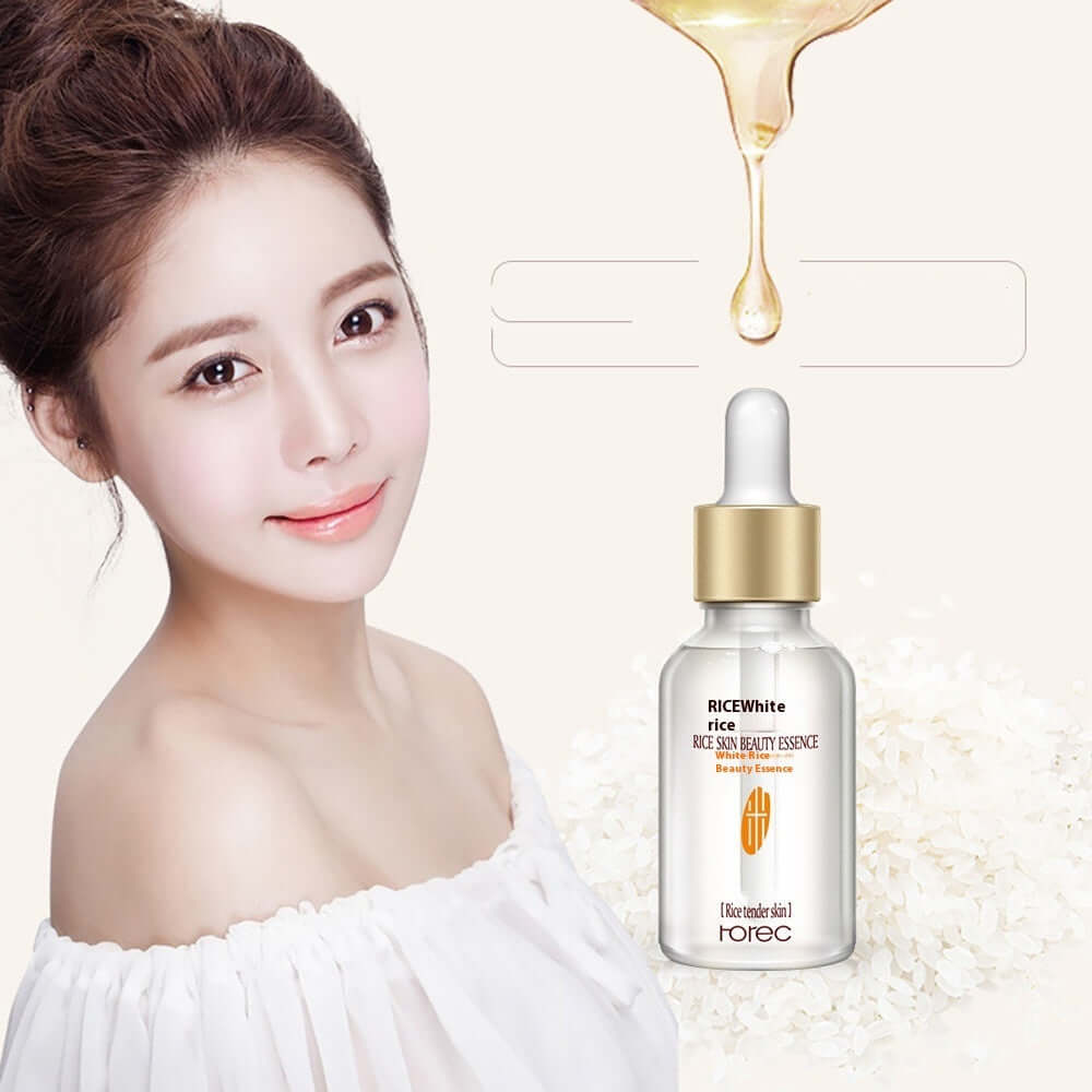 Young woman with radiant skin holding a bottle of enzyme liquid skin rejuvenation serum with rice essence.