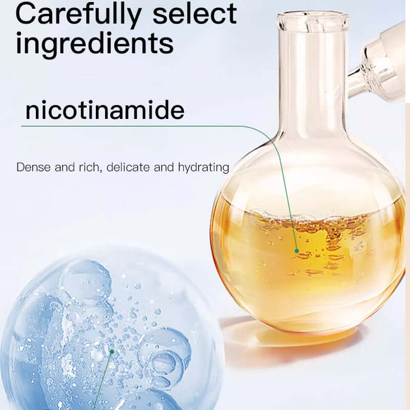 Image showcasing a glass flask with nicotinamide and hydration properties, emphasizing carefully selected ingredients.
