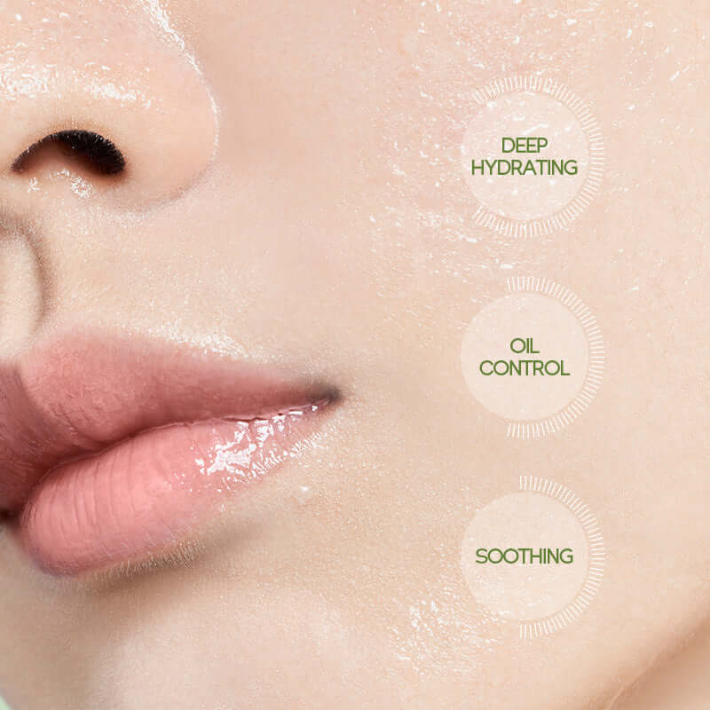 Close-up of moisturized skin highlighting benefits of deep hydration, oil control, and soothing effects.