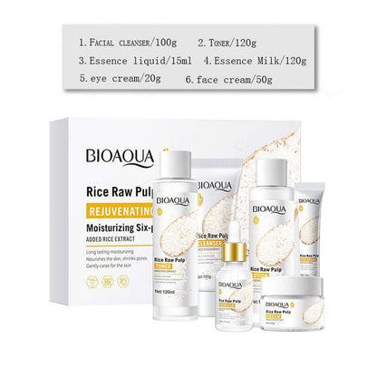 Hydrating skincare set for ladies including facial cleanser, toner, essence liquid, eye cream, and face cream.