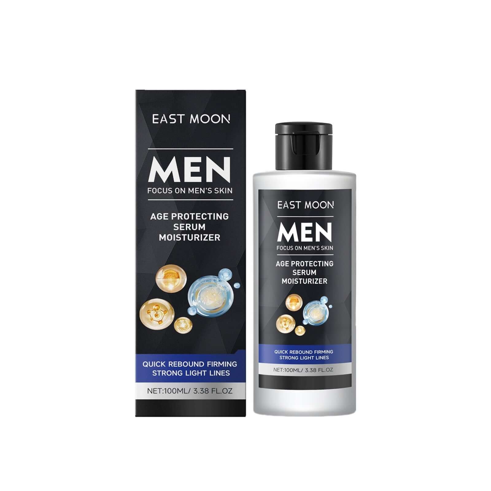 Men's age protecting serum moisturizer by East Moon, designed for firming skin and reducing fine lines. 100ml bottle.